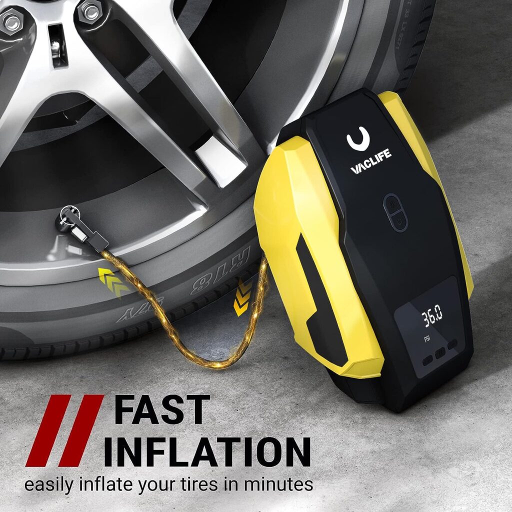 VacLife Tire Inflator Portable Air Compressor - Air Pump for Car Tires (up to 50 PSI), 12V DC Tire Pump for Bikes (up to 150 PSI) w/ LED Light, Digital Pressure Gauge, Model: ATJ-1166, Yellow (VL701)