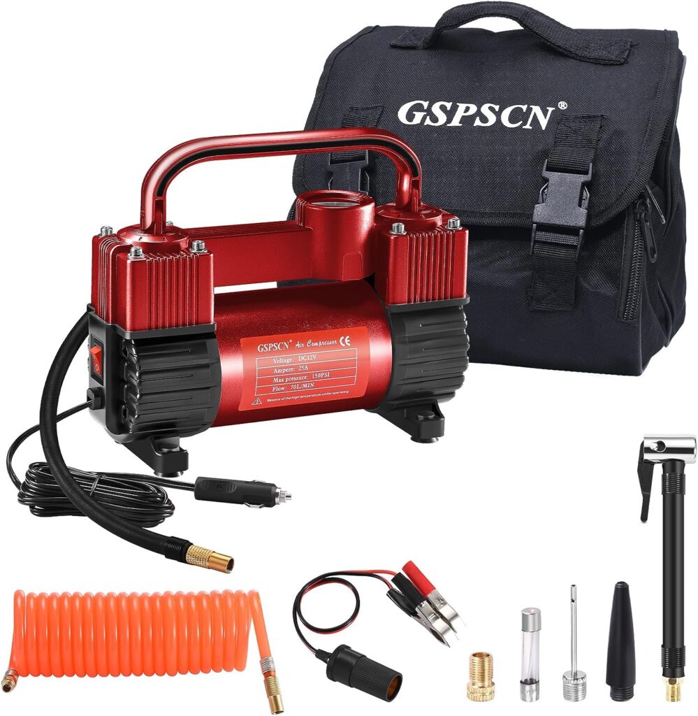 GSPSCN Red Tire Inflator Heavy Duty Double Cylinders, Portable Metal DC 12V Air Compressor, 150PSI Tire Pump with Adapter for Car, Truck, SUV Tires, Dinghy, Air Bed etc