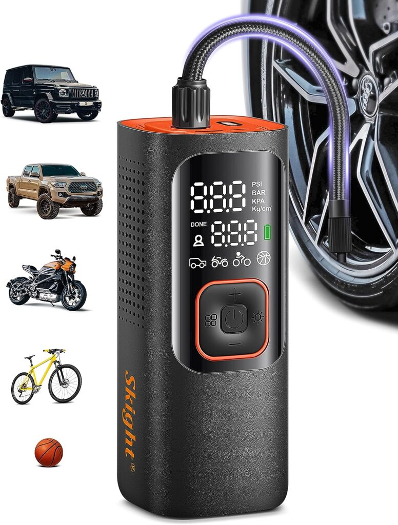 Skight Tire Inflator Portable Air Compressor - Powerful 160PSI  2X Faster Tire Inflator, Accurate Pressure LCD Display, Cordless Easy Operation - Portable Air Pump for Car, Motorcycle, E-Bike, Ball