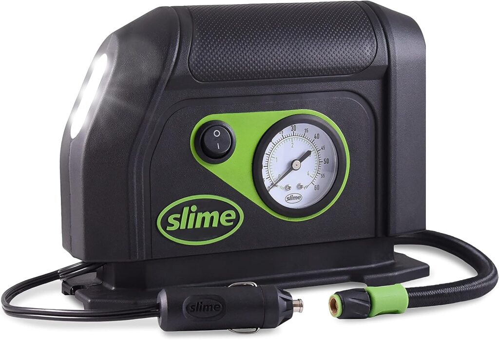 Slime 40050 Tire Inflator, Portable Car Air Compressor, with Analog 100 psi Dial Gauge, Long Hose and LED Light, 12V, 8 min Inflation