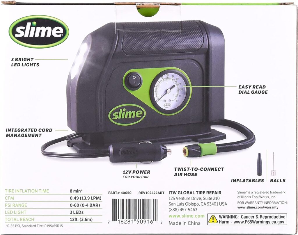 Slime 40050 Tire Inflator, Portable Car Air Compressor, with Analog 100 psi Dial Gauge, Long Hose and LED Light, 12V, 8 min Inflation