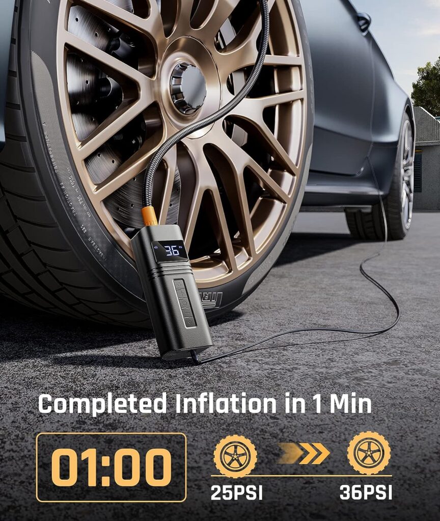 Tire Inflator Portable Air Compressor Car[38L/min Super Fast Inflate]RYSEAB 12V DC Air pump for Car Tires[Powerful  Small]Car Tire Pump LED Light Portable Air Compressor Car Tires for Ball Moto Bike