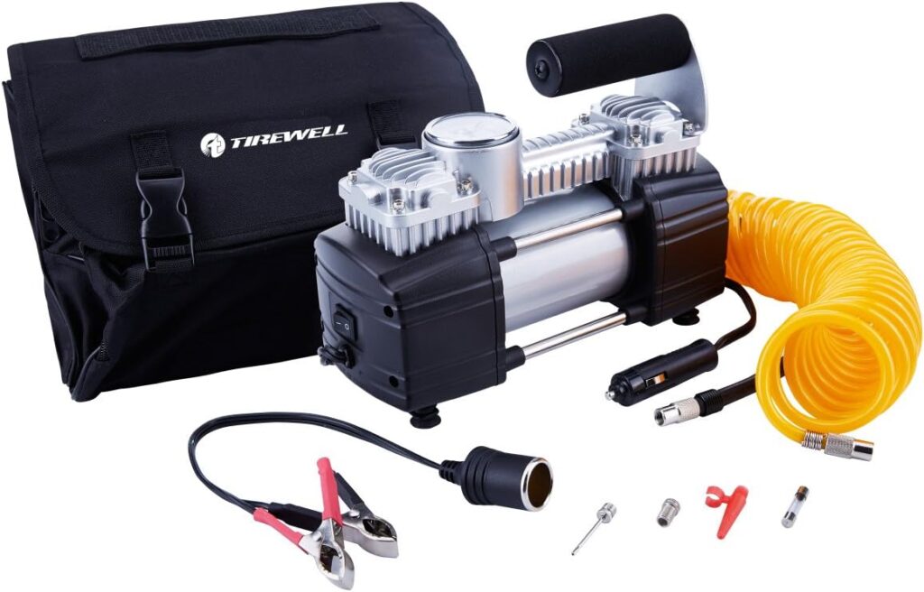 TIREWELL 12V Tire Inflator-Heavy Duty Double Cylinders Direct Drive Metal Pump 150PSI, Compressor with Battery Clamp and 5M Extension Air Hose, SUVs/Trucks/Vans/RVs