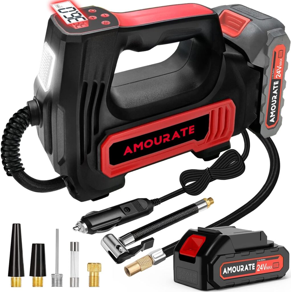 Amourate 24V Air Compressor Tire Inflator Portable for Car, Cordless Air Pump (150 PSI) with 12V Car Adapter Rechargeable Battery,Digital Pressure Gauge,Auto-off inflating Red