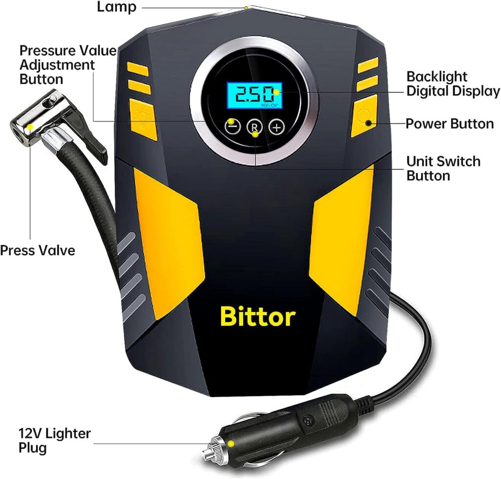 Bittor Tire Inflator Portable Air Compressor, DC 12V Air Compressor, 150 PSI Auto Shut Off with Emergency LED Flasher, for Cars, Motorcycles, Bikes, Motorboats