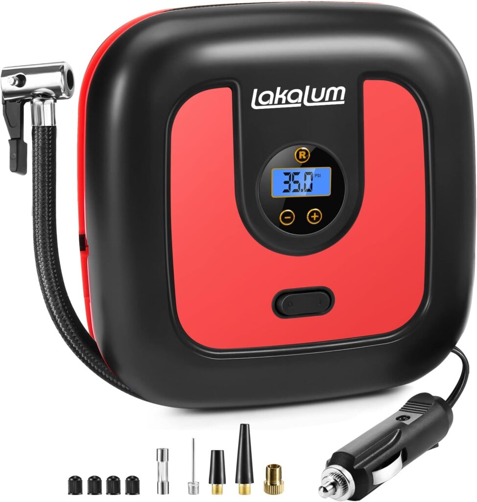 Lakalum Compact 150PSI Tire Inflator, 12V Portable Air Compressor, Auto Shut Off Electric Air Pump with Digital Pressure Gauge and LED Light for Car Tires Bikes Other Inflatables, Red