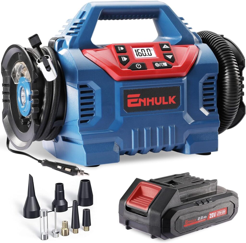 Enhulk Cordless Tire Inflator Air Compressor 20V Rechargeable Battery Powered 160PSI Portable Air Pump with 12V Car Power Adapter Inflation Deflation Modes for Car Tires, Bicycle, Camp Mattresses