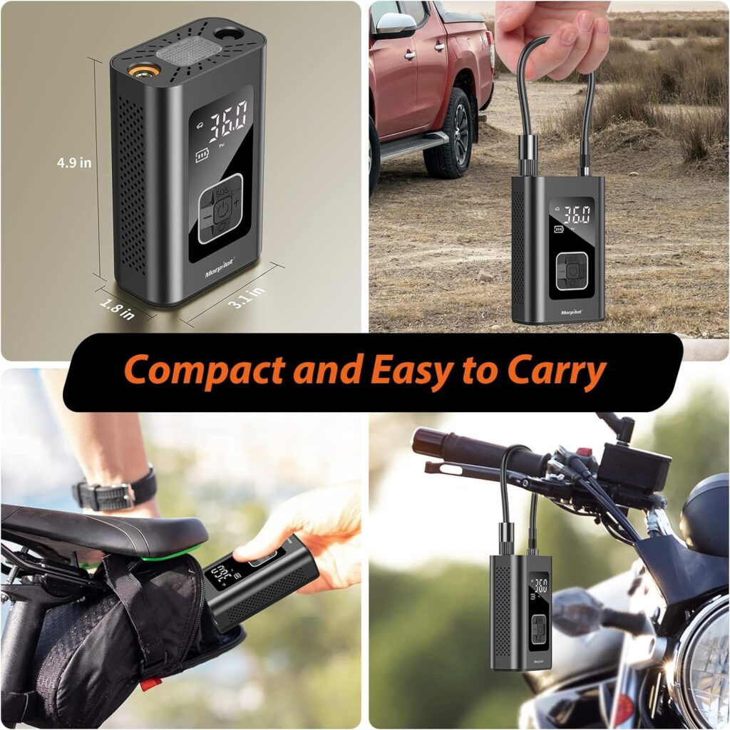 Tire Inflator Portable Air Compressor, Morpilot Electric Air Pump for Car with 6000mAh Battery, Cordless Bike Pump, Tire Pump with Pressure Gauge 150PSI LED Light for Car Motor bicycle Ball