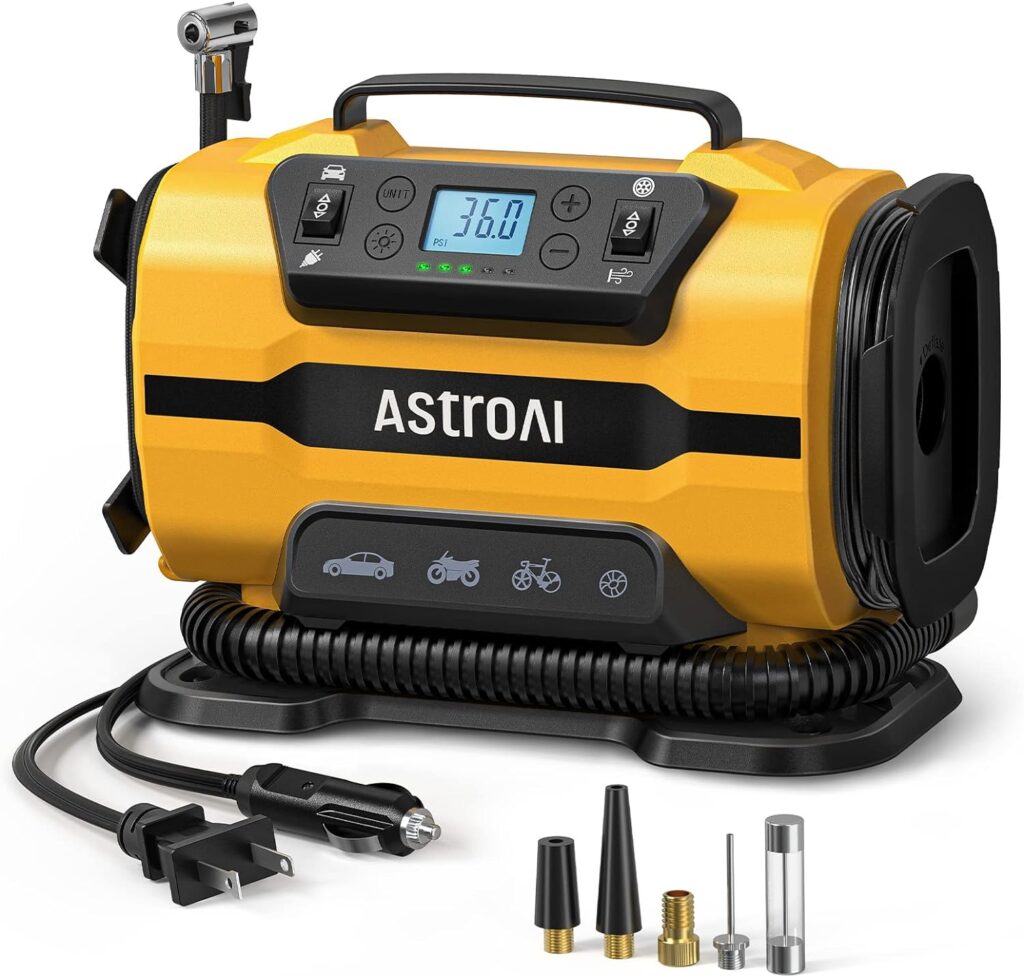 AstroAI Tire Inflator Portable Air Compressor Pump 150PSI 12V DC/110V AC with Dual Metal Motors LED Light，Automotive Car AccessoriesTwo mode for car, bicycle tires and air mattresses.