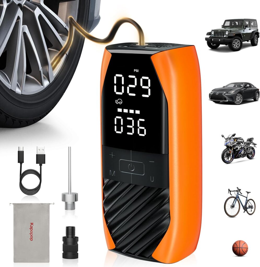 Kapopop K1 Tire Inflator Portable Air Compressor,150 PSI Electric Air Pump for Car Tires,4X Fast Inflation Tire Pump,Cordless Portable Tire Inflator With Digital Pressure Gauge for Car/Motor/Bike/Ball