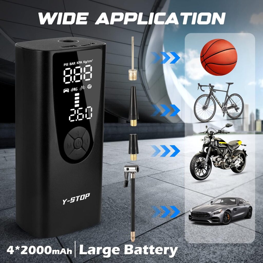 Tire Inflator Portable Air Compressor- Air Pump for Car Tires Cordless Electric Tire Pump, 150PSI 12V DC, Bike pump with LCD Dual Screen，Auto Shutoff  Emergency light for Car, Bike, Motor, Ball