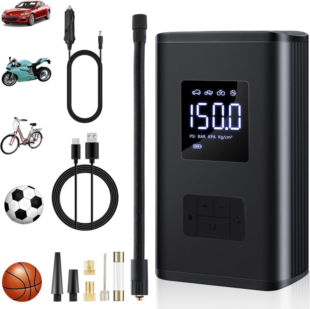 2023 Upgrade 7800mAh Tire Inflator Portable Air Compressor for Car 150PSI Bike Tire Pump Air Pump Electric Cordless Mini Digital Compact for Car Bike Motocycle Ball Big Screen LED Light Dual Power