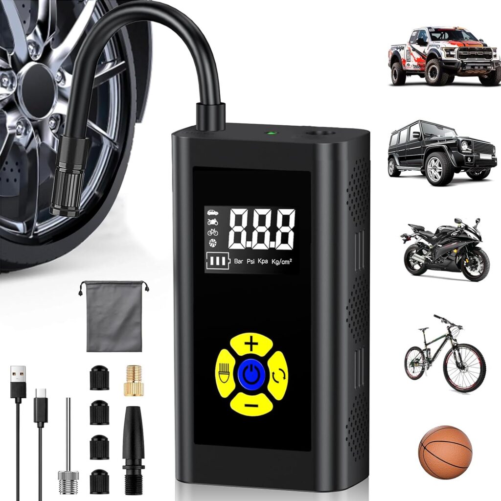 Tire Inflator Portable Air Compressor, 150PSI Mini Air Compressor for Car Tires, Cordless Electric Air Pump with Pressure LCD Display, Tire Inflator for Car, Bikes  Motorcycle Tires, Balls