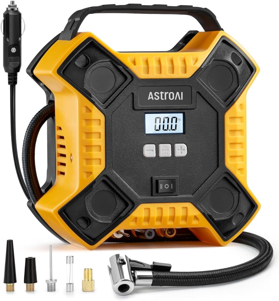 AstroAI Tire Inflator Air Compressor Portable Air Pump for Car Tires, 12V DC Integrated Metal Structure Tire Pump 160PSI with LED Light for Cars, Bicycles, Motorcycles-Yellow