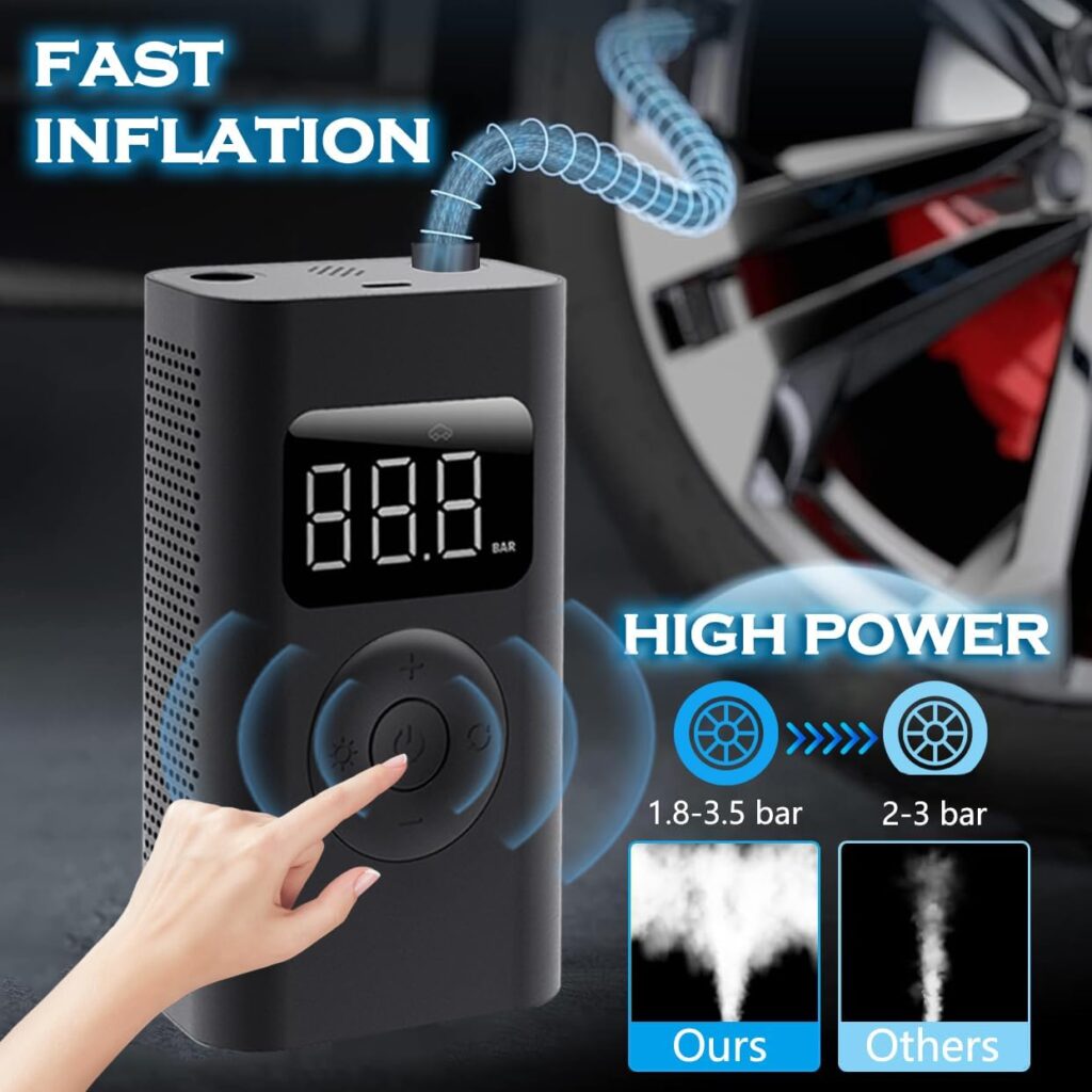 Car Tire Inflator Portable Air Compressor 150 PSI Cordless Tire Inflator Air Pump for Car Tires,Electric Car Air Pump with Flashlight  Power Bank,5200mAh,for Car Motor,Bike,Ball,Cool Car Accessories