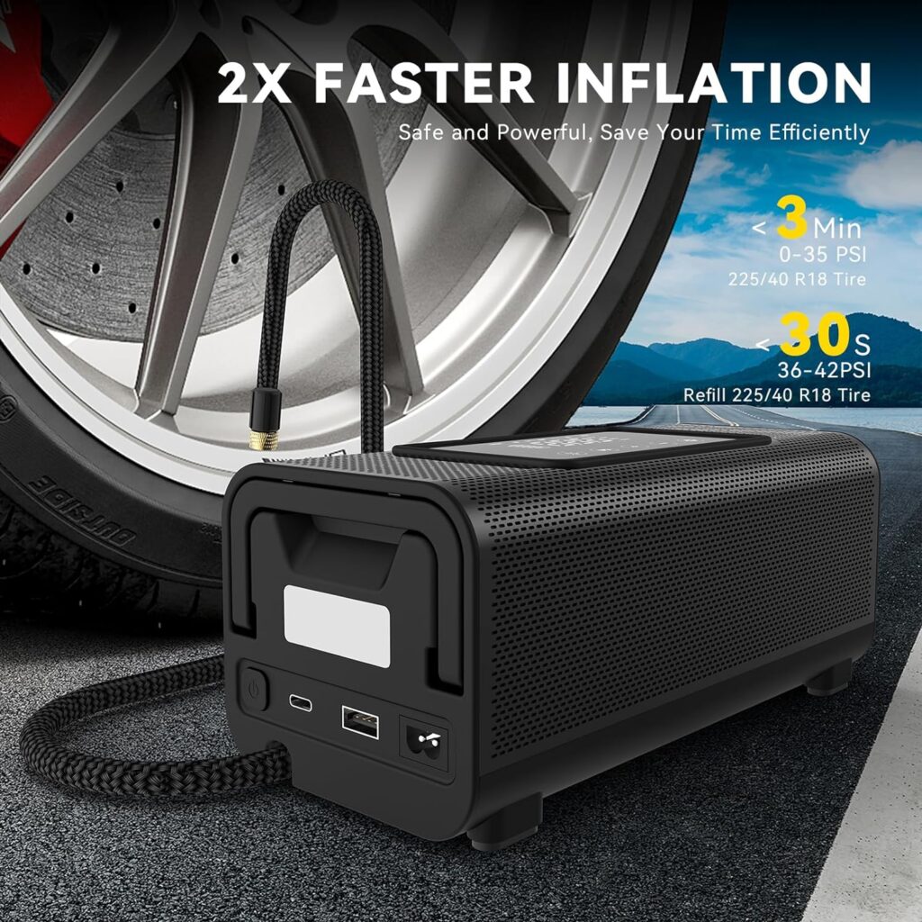 Tire Inflator Portable Air Compressor, 150PSI DC 12V  15600mAh Battery Electric Air Pump for Car Tires, Cordless Portable Tire Inflator with LED Light for Car/SUV, Clear Touch Display, AC01