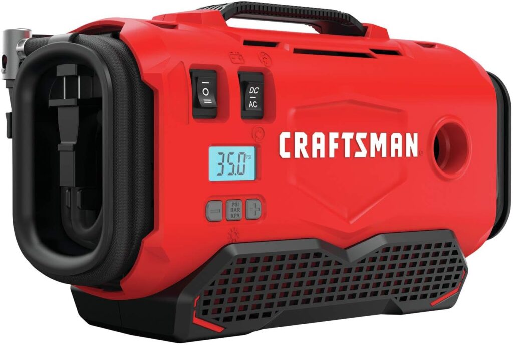 CRAFTSMAN V20 Tire Inflator, Portable Air Compressor, 3 Modes: Cordless, 120V Corded, and 12V Car Adapter, Air Pump, Battery Sold Separately (CMCE520B)