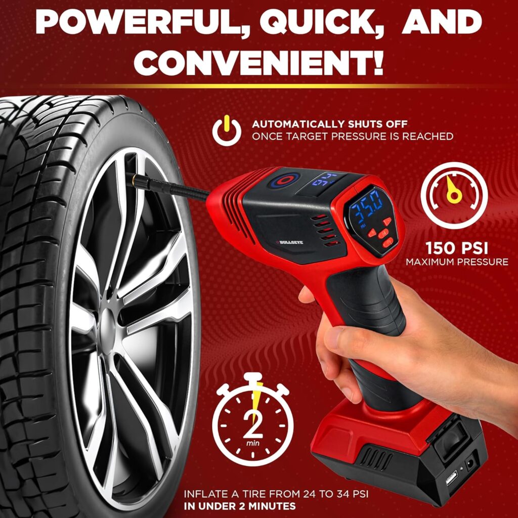 Bullseye Pro Tire Inflator Portable Air Compressor, Car Tire Inflator Portable, Portable Air Pump for Car Tires - 150PSI, 12V DC 1500 mAhs with Tire Pressure Gauge, Rechargeable As Seen On TV