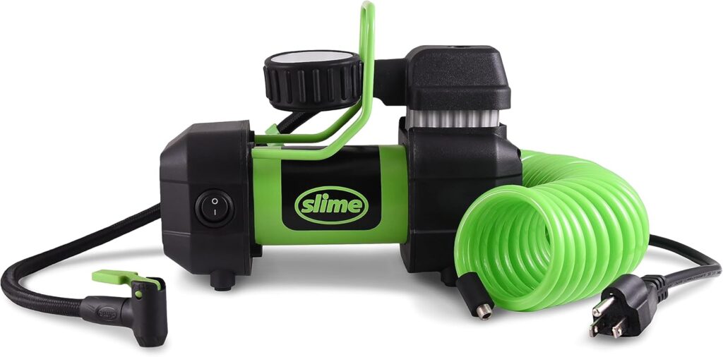 Slime 40045 Home Tire Inflator, Wall Mounted 120v, SUV, 4x4 Air Compressor, Heavy Duty, 2X Pro Power, Heavy Duty, with Analog 150 psi Dial Gauge, Long Hose and LED Light, 120V, 4 min Inflation