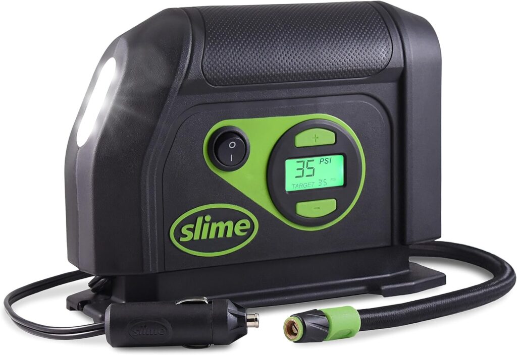 Slime 40051 Tire Inflator, Portable Car Air Compressor, Inflate Right automatic shut off, with Digital 99 psi Display, Long Hose and LED Light, 12V, 6 min inflation