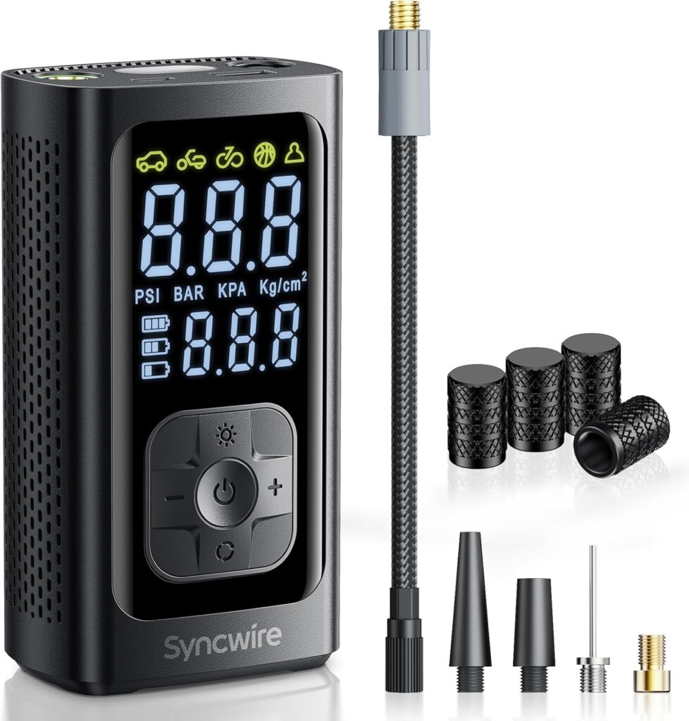 Syncwire Tire Inflator Portable Air Compressor - 150PSI 2X Faster Inflation Smart Air Pump for Car Tires [Extra-Large LCD] with Digital Pressure Gauge, Auto Shut-Off for Car, Motorcycle, Bike  Balls