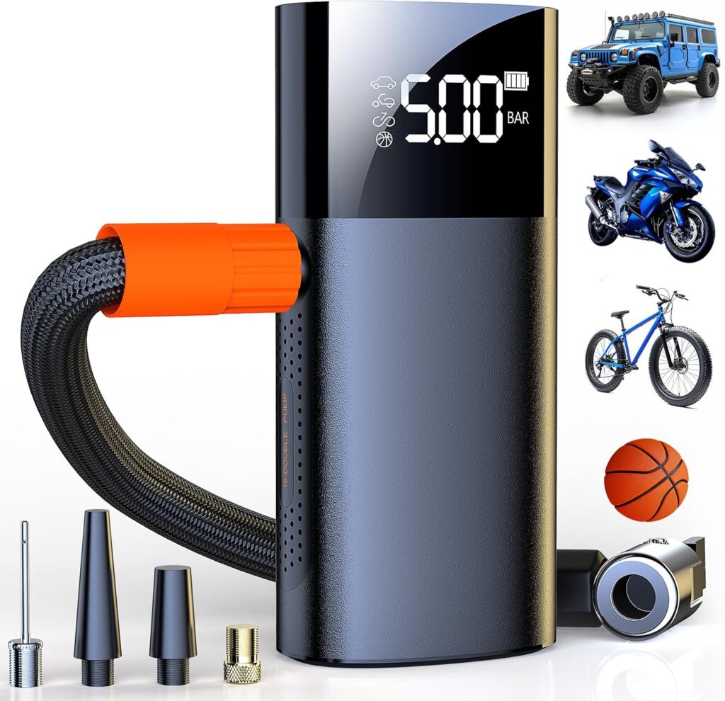 Tire Inflator Portable, 2x Faster Mini Air Compressor,150PSI Cordless Air Pump with LED Light for Cars, Bike  Motorcycle Tires, Ball (Metallic Black)