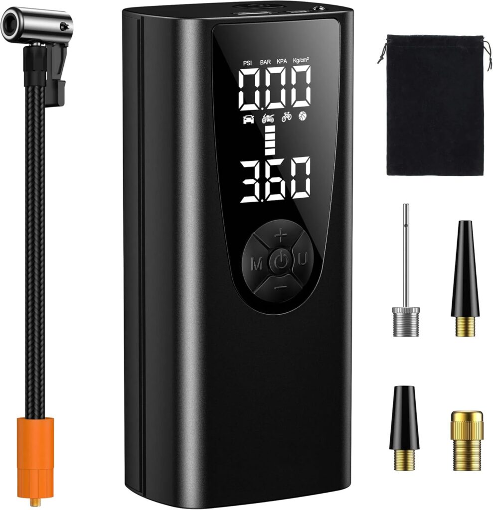 Tire Inflator Portable Air Compressor, Air Pump for Car Tires, 2X Faster Inflation, Cordless Portable Tire Inflator with Gauge for SUV, Car, Motorcycle, Bike, Ball, and More, Black, 8000mAh