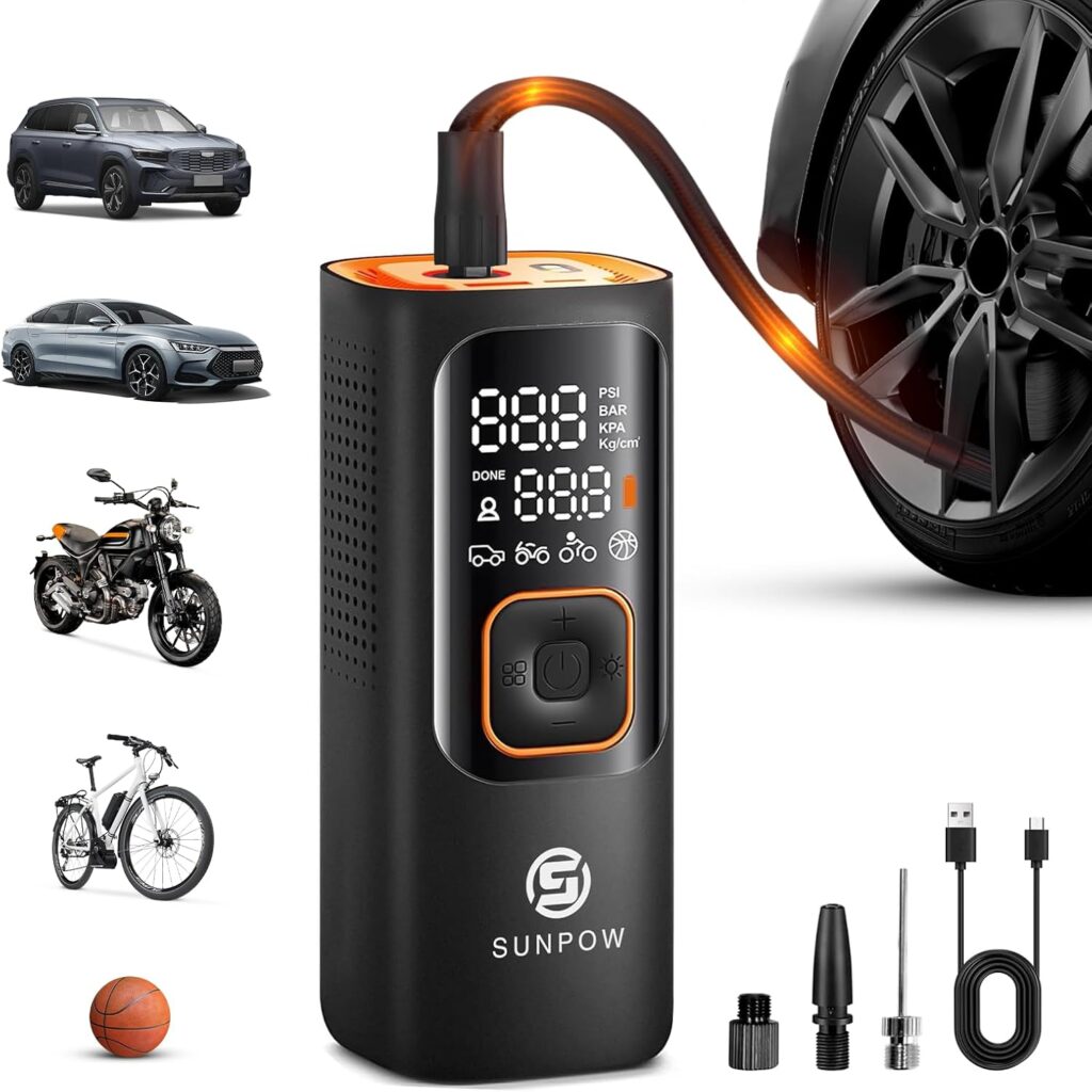 SUNPOW Tire Inflator Portable Air Compressor, 160PSI Cordless Air Pump for Car Tires, Auto-Shutoff Tire Pump with Accurate Pressure LCD Display, 3X Fast Inflation for Car, Motorcycle, Bike, Ball