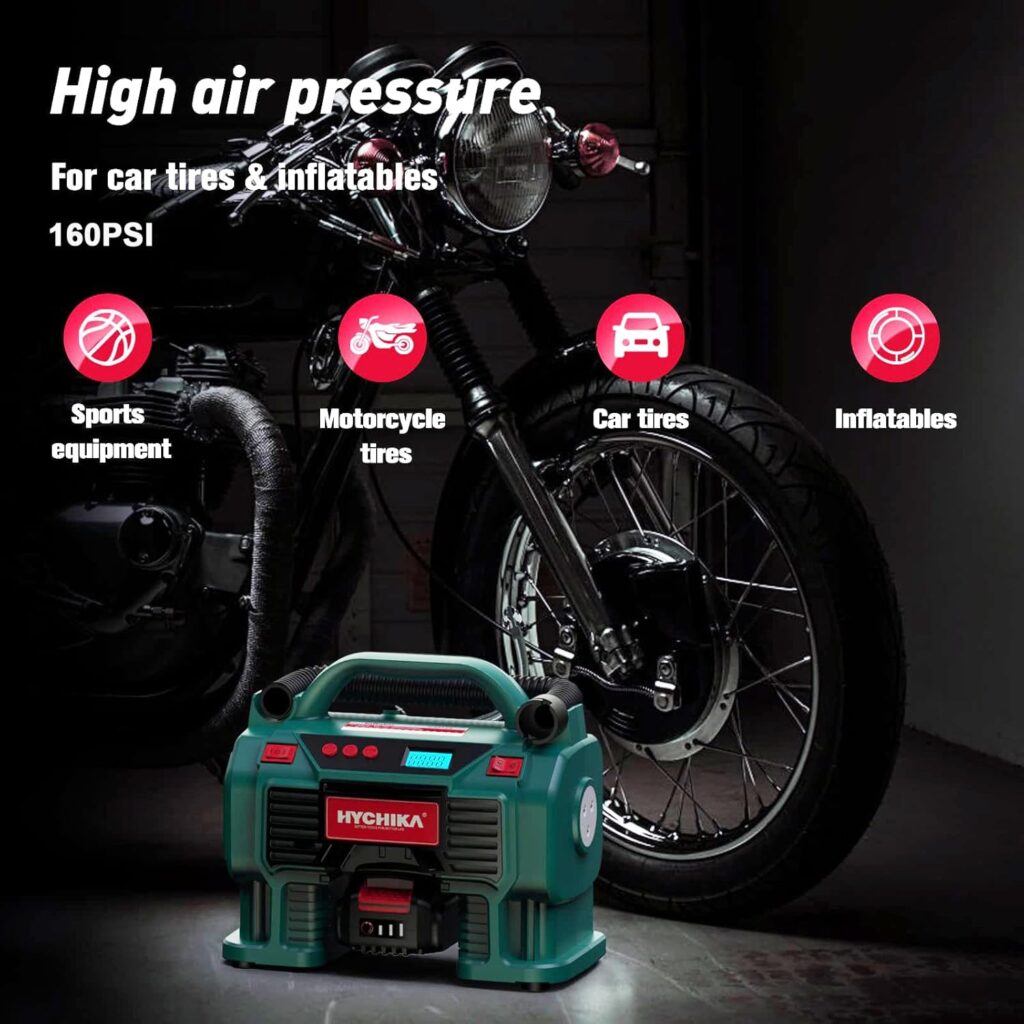 Tire Inflator, HYCHIKA Portable Air Compressor Pump 160PSI 20V Battery  12V DC Dual Power Supply with LED Light, Pressure Gauge for Car Bike Inflatables -Charger  2.0Ah Battery Included