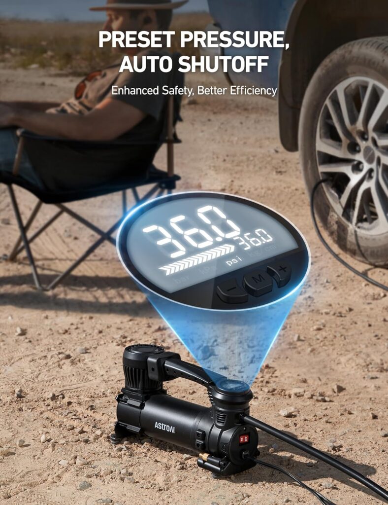 AstroAI T4 Heavy-Duty Air Compressor Auto Shutoff 12V Portable Air Pump with 1.97CFM, 120PSI Digital Car Tire Inflator with Alligator Clips, LED Light for Pickup, Truck, SUV RV for Up to 33 Inch Tires
